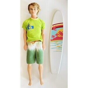 Barbie Beach Glam Ken Doll 2006 Mattel Vtg Y2K Cali Surfer Blaine w/ Surf Board